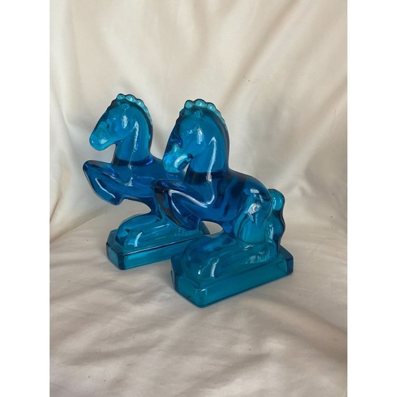 Mid Century Cerulean Blue Glass Horse Bookends